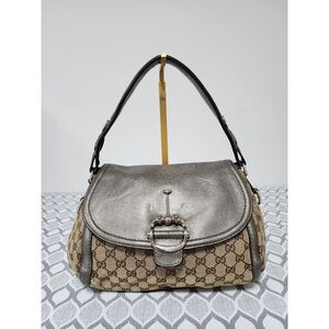 Gucci Medium GG Canvas Techno Horsebit Flap Hobo Bag Grey/Beige